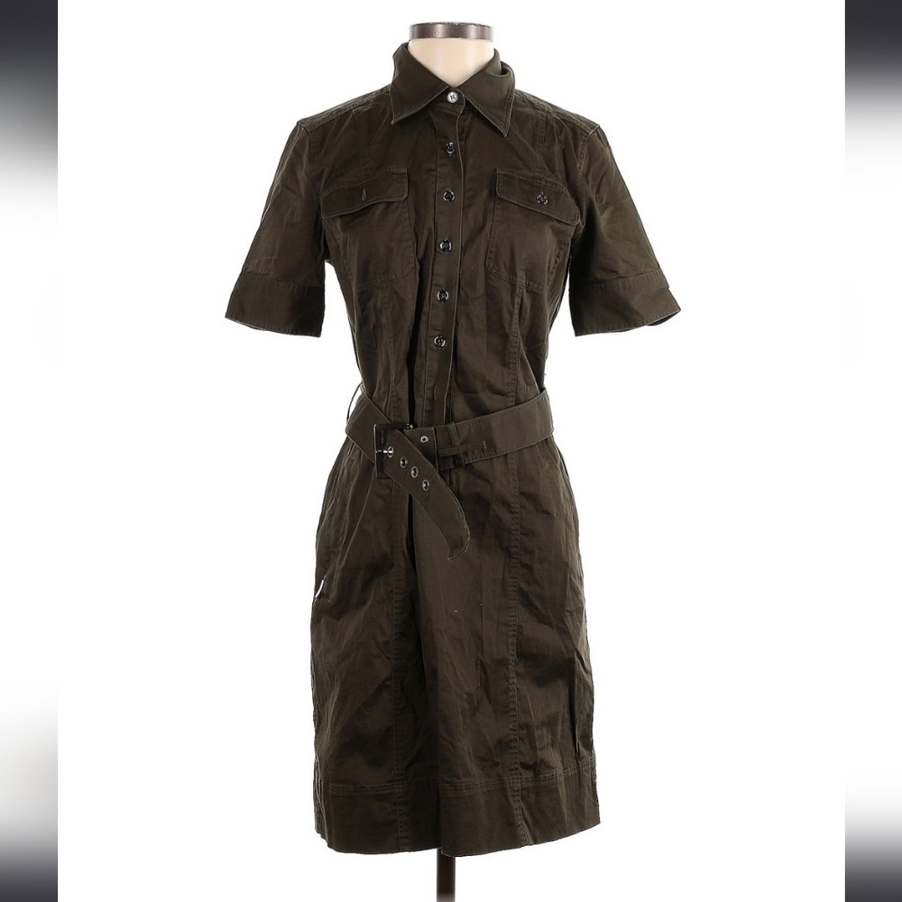 NY & Company Olive Green Shirt Dress Safari Classic Minimalist